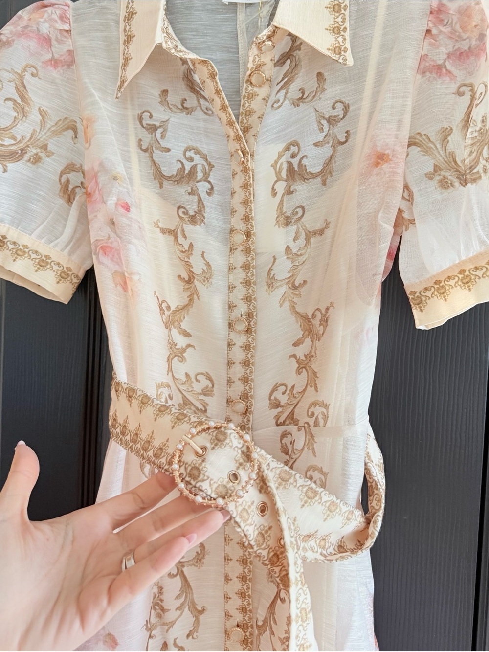 Elegant Cream Floral Belted A-Line Dress - Picture 4 of 4